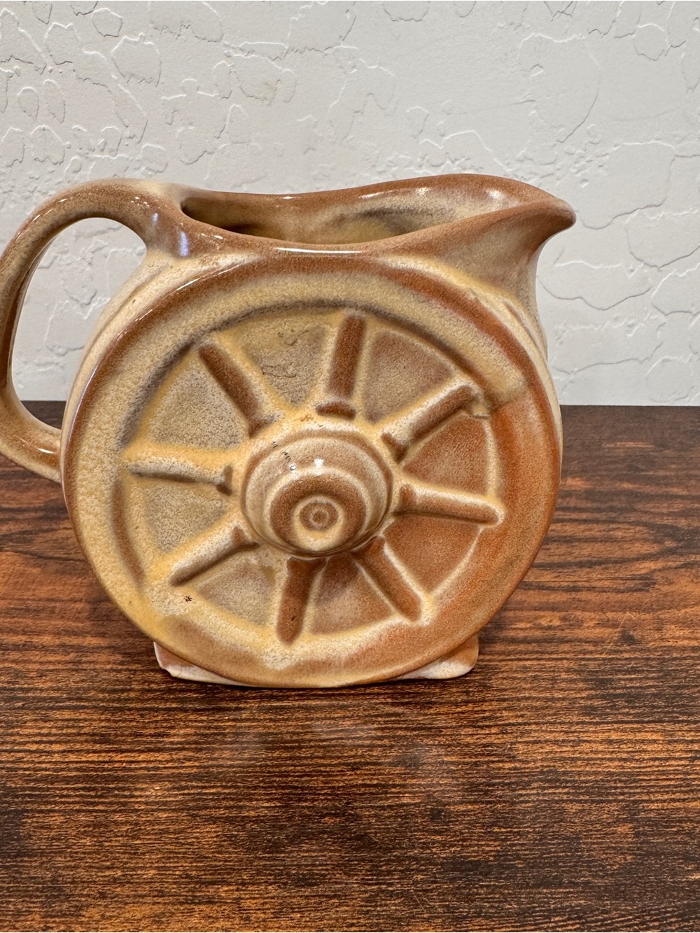 Vintage Frankoma Pottery Wagon Wheel Creamer/Pitcher 3 3/4", Cream Brown Glaze